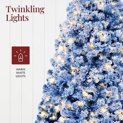 6ft Pre-Lit Artificial Christmas Tree Twinkling LEDs, Snow Flocked Design Pine Tree, Full Appearance Lighted Snowy w/Easy Assembly, 250 Lights, 928 Tips Metal Stand