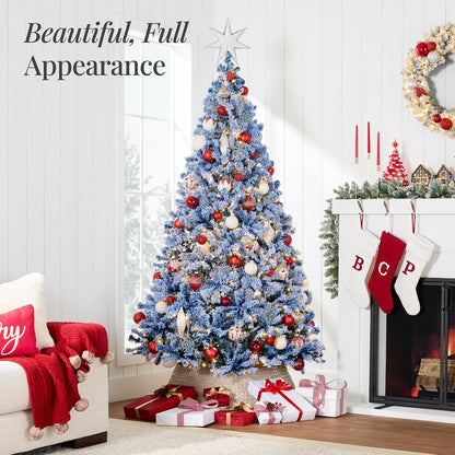 6ft Pre-Lit Artificial Christmas Tree Twinkling LEDs, Snow Flocked Design Pine Tree, Full Appearance Lighted Snowy w/Easy Assembly, 250 Lights, 928 Tips Metal Stand