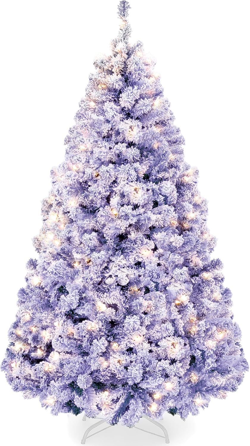 6ft Pre-Lit Artificial Christmas Tree Twinkling LEDs, Snow Flocked Design Pine Tree, Full Appearance Lighted Snowy w/Easy Assembly, 250 Lights, 928 Tips Metal Stand