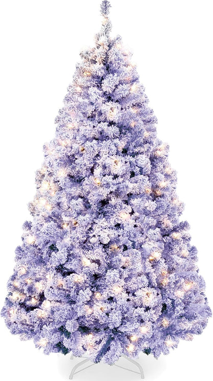 6ft Pre-Lit Artificial Christmas Tree Twinkling LEDs, Snow Flocked Design Pine Tree, Full Appearance Lighted Snowy w/Easy Assembly, 250 Lights, 928 Tips Metal Stand
