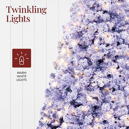 6ft Pre-Lit Artificial Christmas Tree Twinkling LEDs, Snow Flocked Design Pine Tree, Full Appearance Lighted Snowy w/Easy Assembly, 250 Lights, 928 Tips Metal Stand
