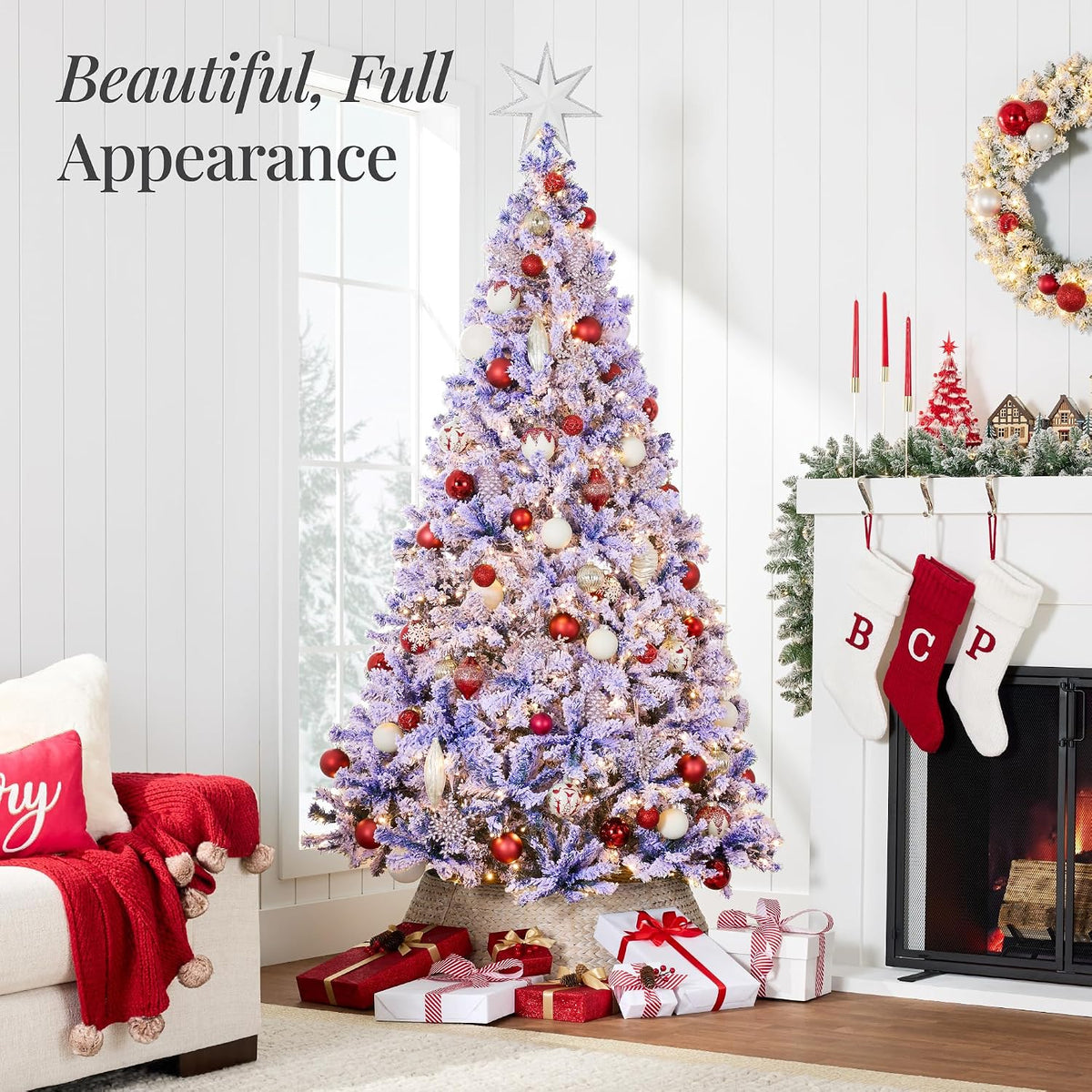 6ft Pre-Lit Artificial Christmas Tree Twinkling LEDs, Snow Flocked Design Pine Tree, Full Appearance Lighted Snowy w/Easy Assembly, 250 Lights, 928 Tips Metal Stand