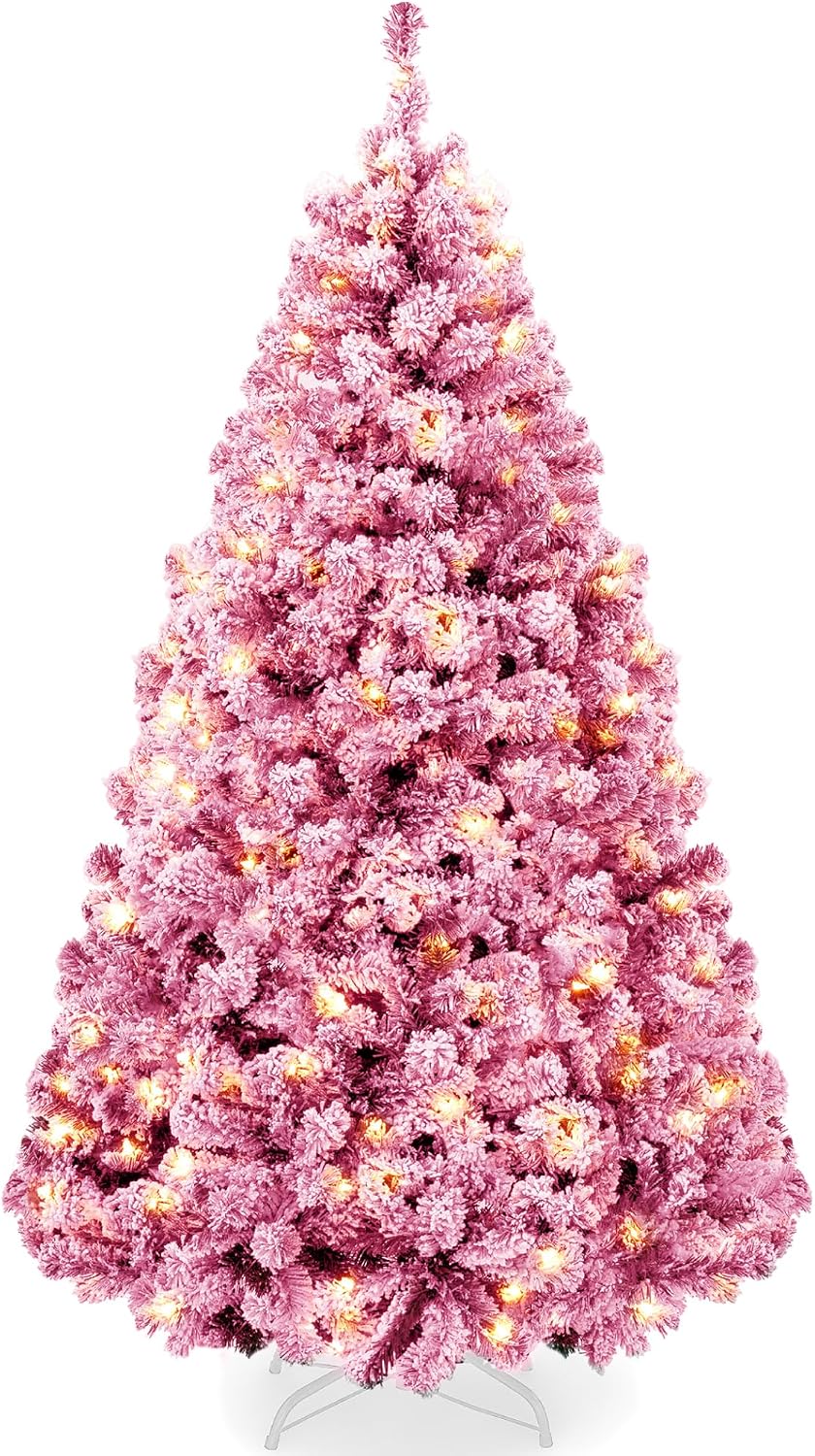 6ft Pre-Lit Artificial Christmas Tree Twinkling LEDs, Snow Flocked Design Pine Tree, Full Appearance Lighted Snowy w/Easy Assembly, 250 Lights, 928 Tips Metal Stand