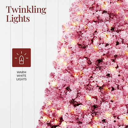 6ft Pre-Lit Artificial Christmas Tree Twinkling LEDs, Snow Flocked Design Pine Tree, Full Appearance Lighted Snowy w/Easy Assembly, 250 Lights, 928 Tips Metal Stand
