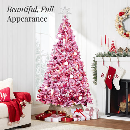 6ft Pre-Lit Artificial Christmas Tree Twinkling LEDs, Snow Flocked Design Pine Tree, Full Appearance Lighted Snowy w/Easy Assembly, 250 Lights, 928 Tips Metal Stand