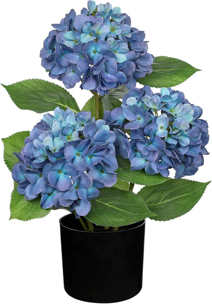 Blue Hydrangea Artificial Flowers in Pot Large Silk Three-Head Hydrangeas Flowers Fake Flowers Arrangements for Indoor Home Office Kitchen Table Centerpieces Wedding Decorations