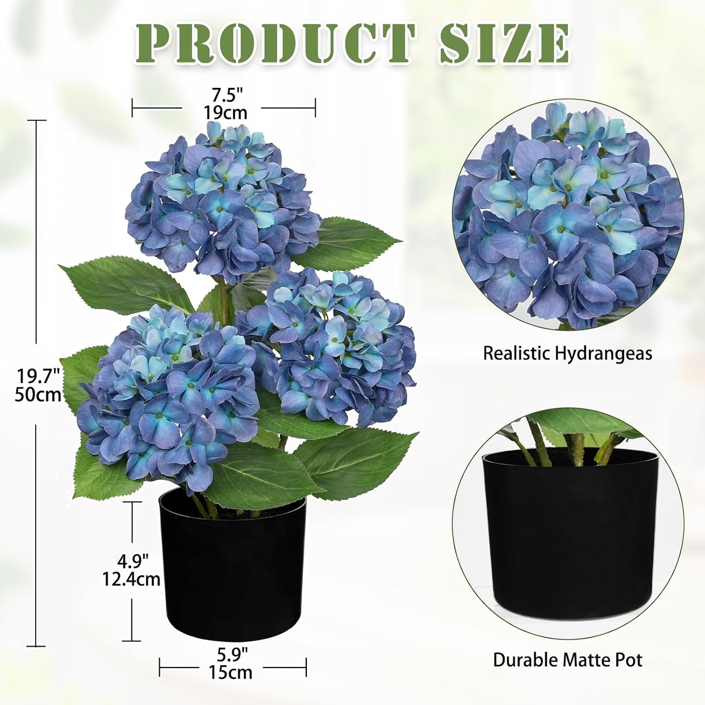 Blue Hydrangea Artificial Flowers in Pot Large Silk Three-Head Hydrangeas Flowers Fake Flowers Arrangements for Indoor Home Office Kitchen Table Centerpieces Wedding Decorations
