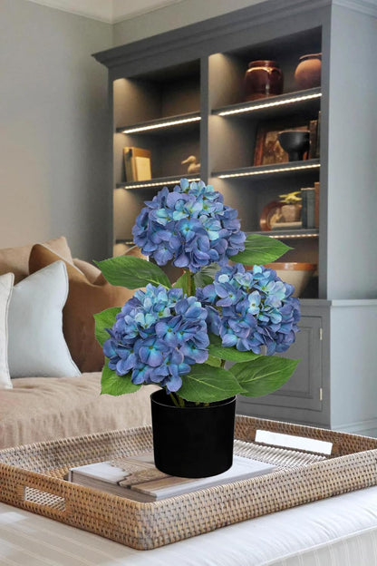 Blue Hydrangea Artificial Flowers in Pot Large Silk Three-Head Hydrangeas Flowers Fake Flowers Arrangements for Indoor Home Office Kitchen Table Centerpieces Wedding Decorations