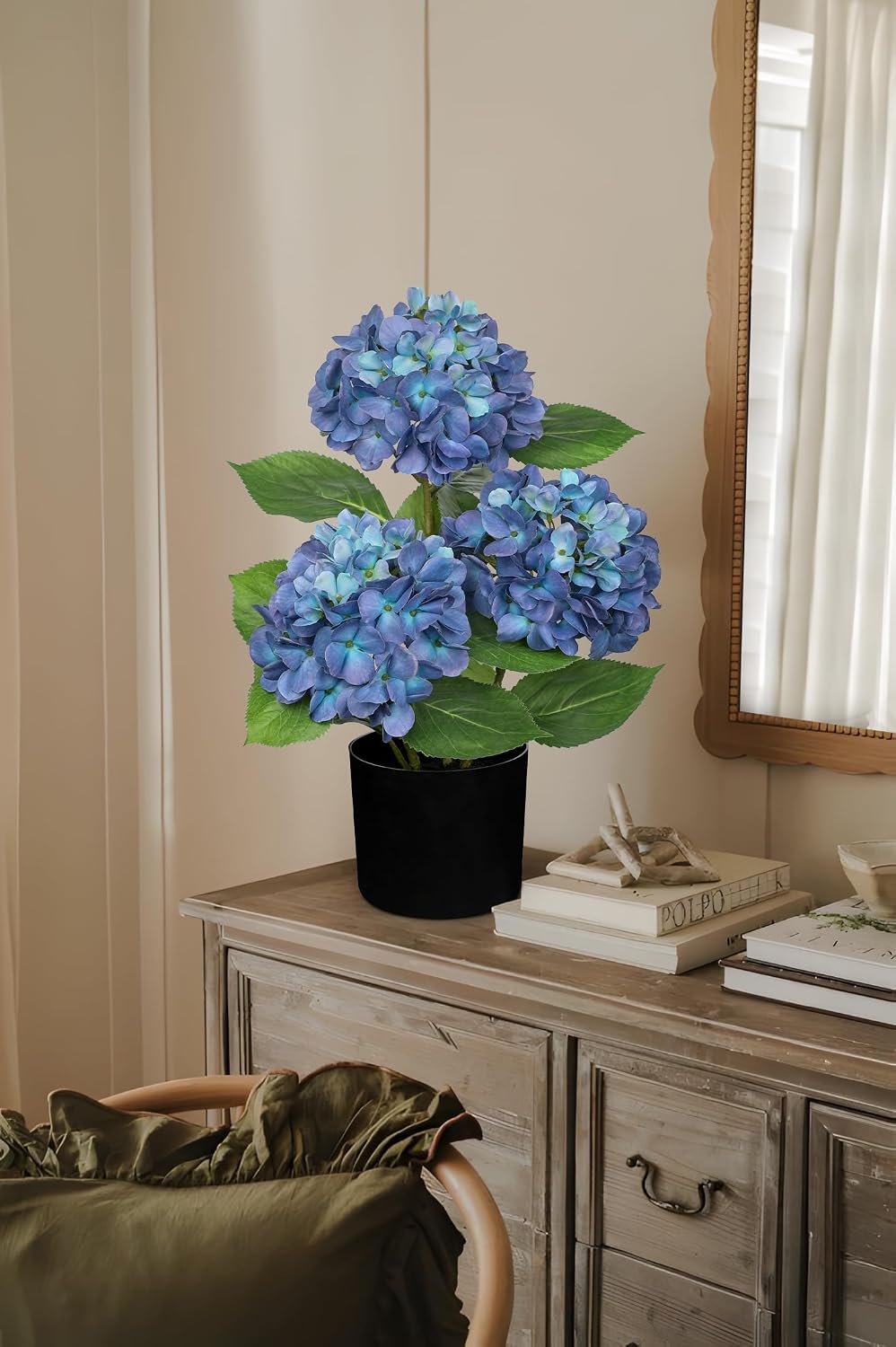 Blue Hydrangea Artificial Flowers in Pot Large Silk Three-Head Hydrangeas Flowers Fake Flowers Arrangements for Indoor Home Office Kitchen Table Centerpieces Wedding Decorations