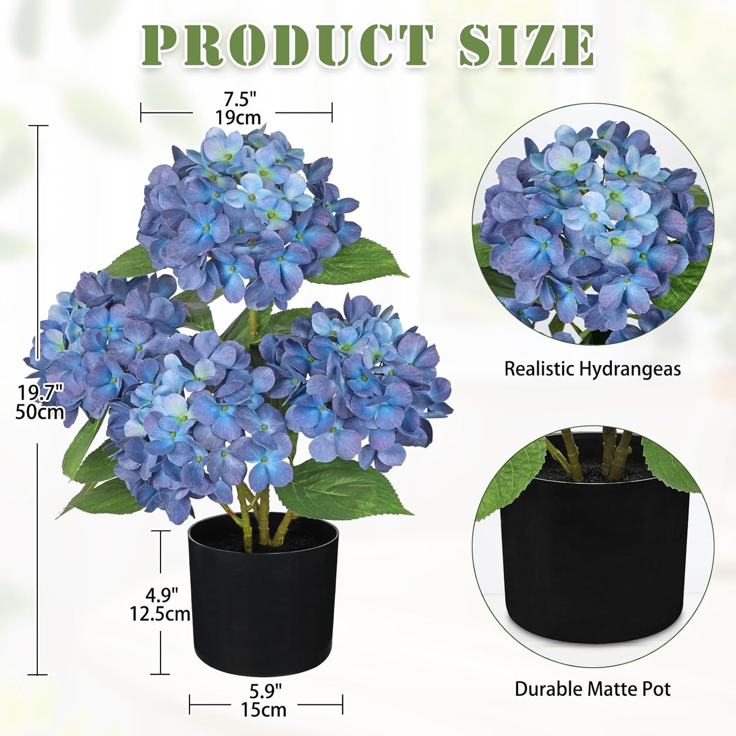 Blue Hydrangea Artificial Flowers in Pot Large Silk Three-Head Hydrangeas Flowers Fake Flowers Arrangements for Indoor Home Office Kitchen Table Centerpieces Wedding Decorations