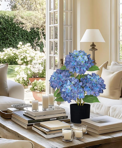 Blue Hydrangea Artificial Flowers in Pot Large Silk Three-Head Hydrangeas Flowers Fake Flowers Arrangements for Indoor Home Office Kitchen Table Centerpieces Wedding Decorations