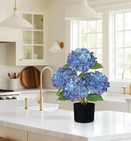 Blue Hydrangea Artificial Flowers in Pot Large Silk Three-Head Hydrangeas Flowers Fake Flowers Arrangements for Indoor Home Office Kitchen Table Centerpieces Wedding Decorations