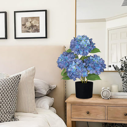 Blue Hydrangea Artificial Flowers in Pot Large Silk Three-Head Hydrangeas Flowers Fake Flowers Arrangements for Indoor Home Office Kitchen Table Centerpieces Wedding Decorations