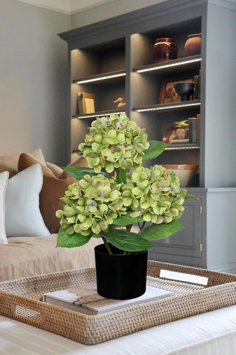 Blue Hydrangea Artificial Flowers in Pot Large Silk Three-Head Hydrangeas Flowers Fake Flowers Arrangements for Indoor Home Office Kitchen Table Centerpieces Wedding Decorations