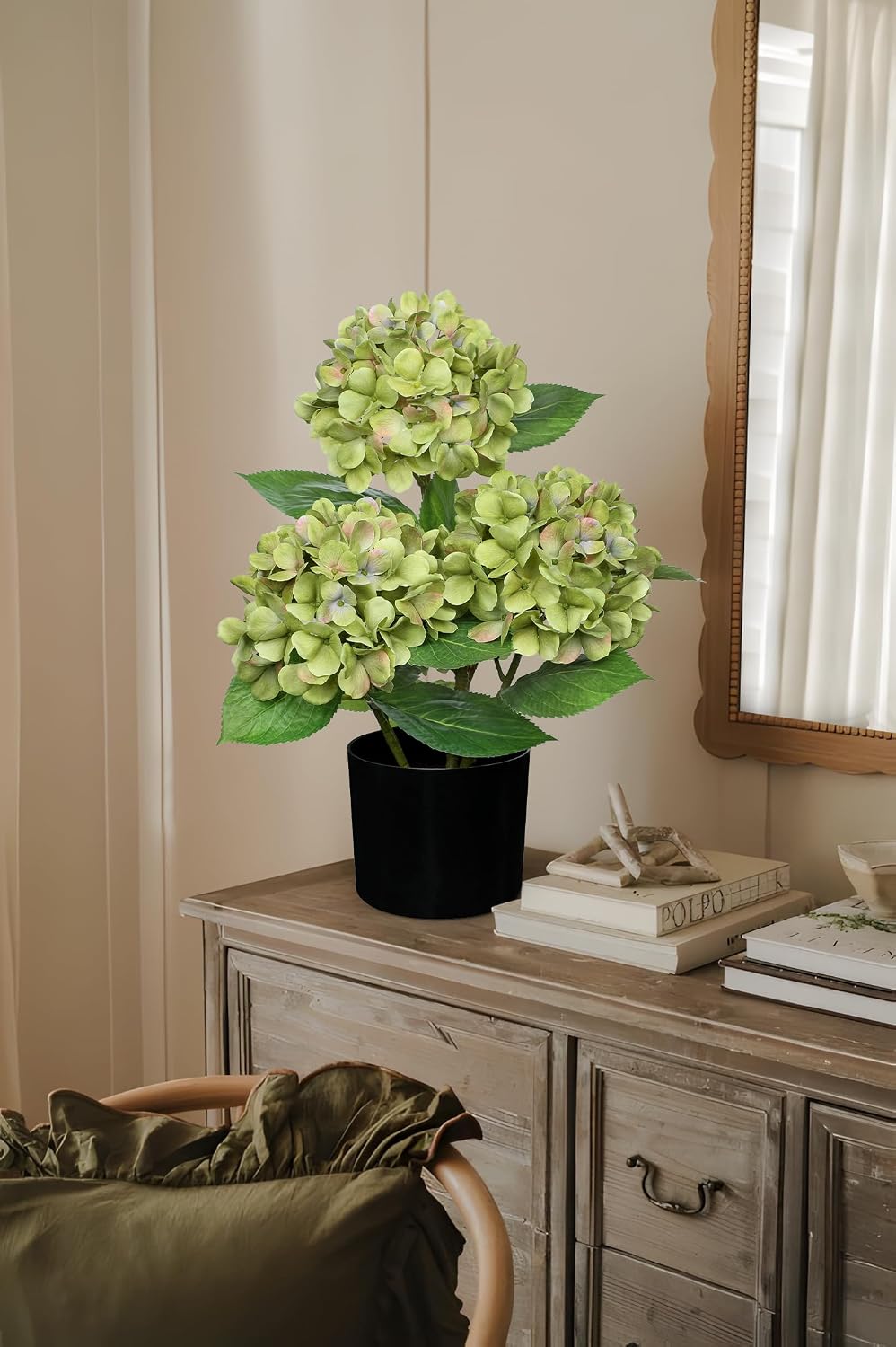 Blue Hydrangea Artificial Flowers in Pot Large Silk Three-Head Hydrangeas Flowers Fake Flowers Arrangements for Indoor Home Office Kitchen Table Centerpieces Wedding Decorations