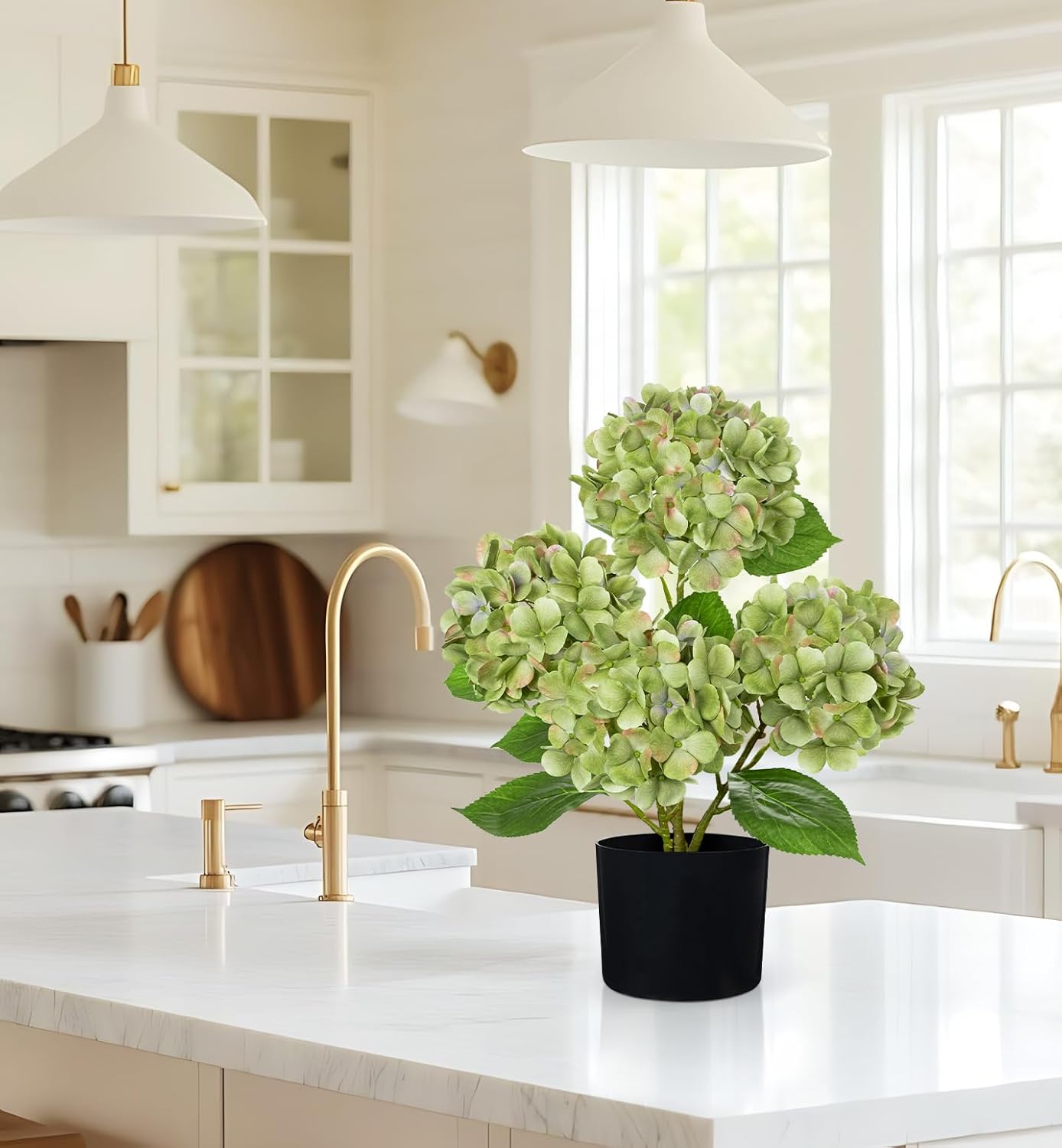 Blue Hydrangea Artificial Flowers in Pot Large Silk Three-Head Hydrangeas Flowers Fake Flowers Arrangements for Indoor Home Office Kitchen Table Centerpieces Wedding Decorations