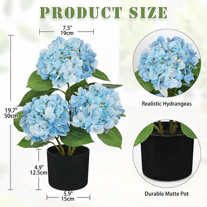 Blue Hydrangea Artificial Flowers in Pot Large Silk Three-Head Hydrangeas Flowers Fake Flowers Arrangements for Indoor Home Office Kitchen Table Centerpieces Wedding Decorations