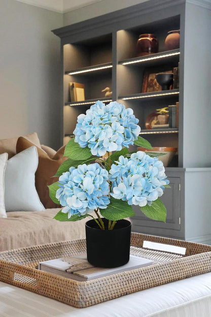 Blue Hydrangea Artificial Flowers in Pot Large Silk Three-Head Hydrangeas Flowers Fake Flowers Arrangements for Indoor Home Office Kitchen Table Centerpieces Wedding Decorations
