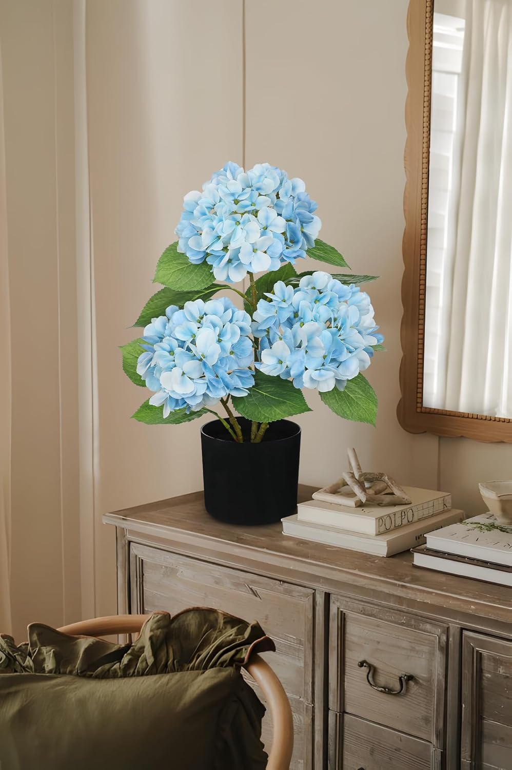 Blue Hydrangea Artificial Flowers in Pot Large Silk Three-Head Hydrangeas Flowers Fake Flowers Arrangements for Indoor Home Office Kitchen Table Centerpieces Wedding Decorations