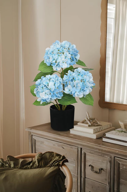 Blue Hydrangea Artificial Flowers in Pot Large Silk Three-Head Hydrangeas Flowers Fake Flowers Arrangements for Indoor Home Office Kitchen Table Centerpieces Wedding Decorations