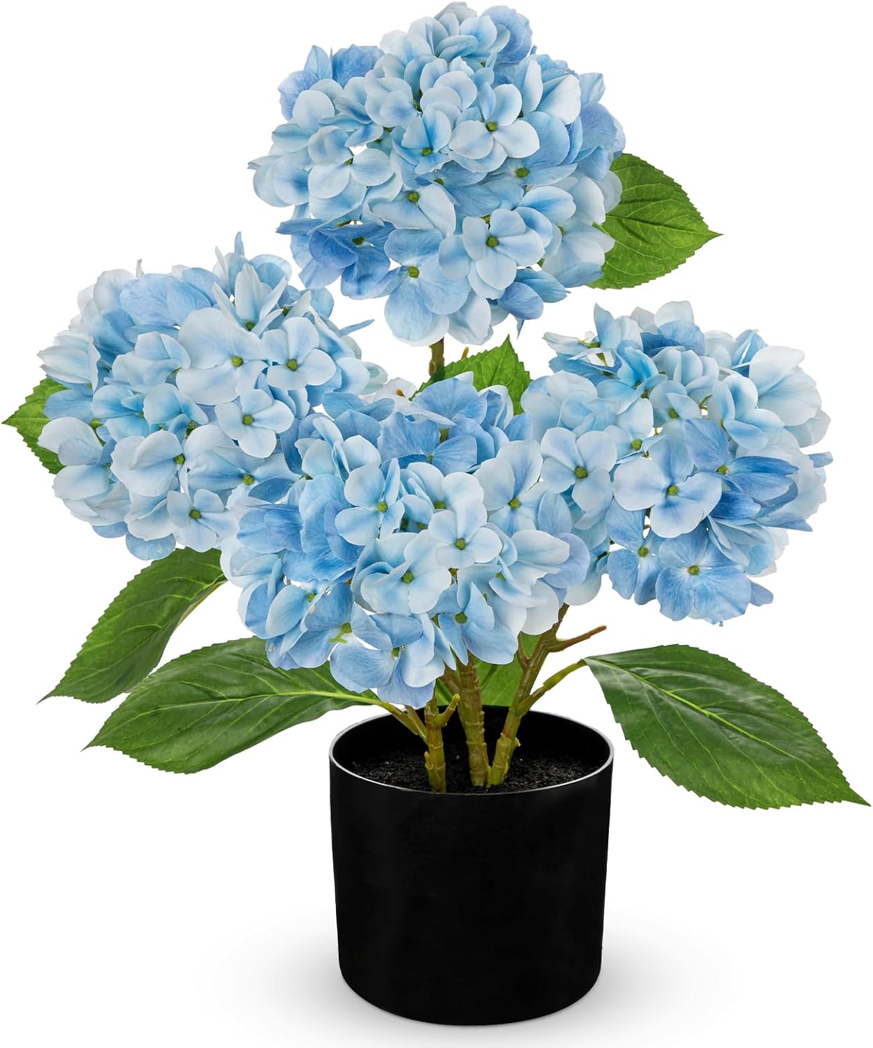 Blue Hydrangea Artificial Flowers in Pot Large Silk Three-Head Hydrangeas Flowers Fake Flowers Arrangements for Indoor Home Office Kitchen Table Centerpieces Wedding Decorations
