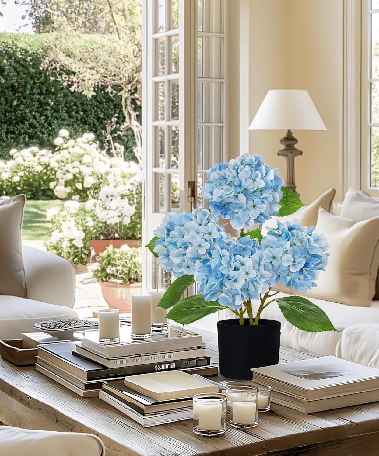 Blue Hydrangea Artificial Flowers in Pot Large Silk Three-Head Hydrangeas Flowers Fake Flowers Arrangements for Indoor Home Office Kitchen Table Centerpieces Wedding Decorations