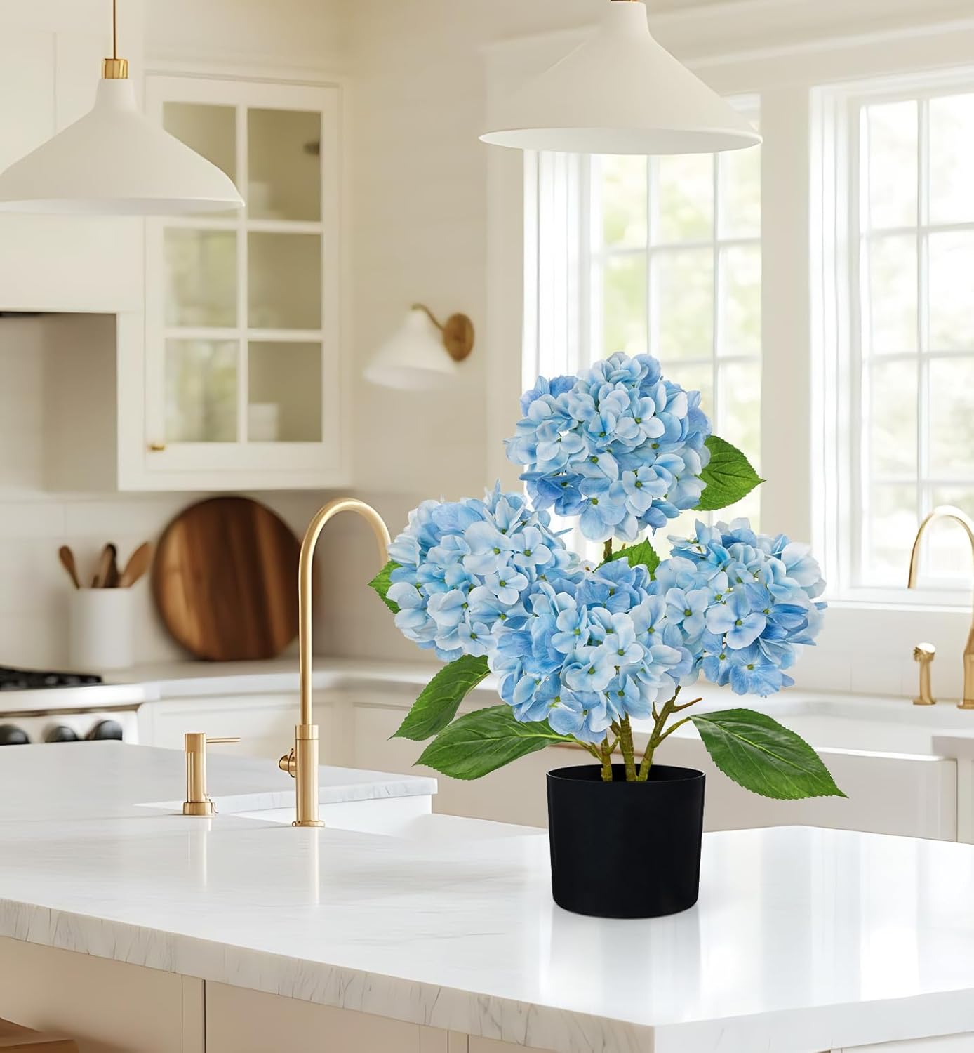 Blue Hydrangea Artificial Flowers in Pot Large Silk Three-Head Hydrangeas Flowers Fake Flowers Arrangements for Indoor Home Office Kitchen Table Centerpieces Wedding Decorations