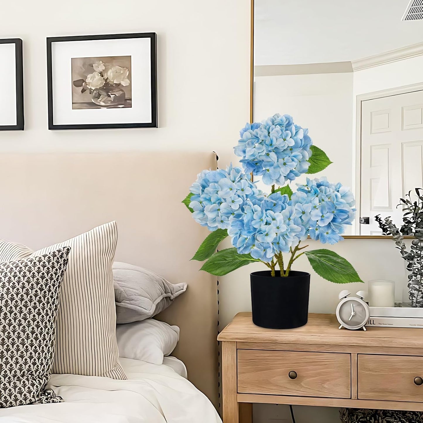 Blue Hydrangea Artificial Flowers in Pot Large Silk Three-Head Hydrangeas Flowers Fake Flowers Arrangements for Indoor Home Office Kitchen Table Centerpieces Wedding Decorations