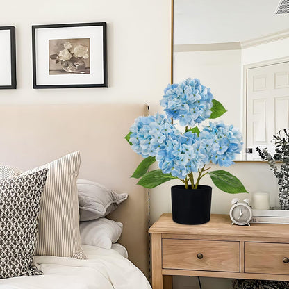 Blue Hydrangea Artificial Flowers in Pot Large Silk Three-Head Hydrangeas Flowers Fake Flowers Arrangements for Indoor Home Office Kitchen Table Centerpieces Wedding Decorations