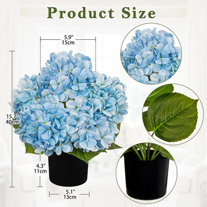Blue Hydrangea Artificial Flowers in Pot Large Silk Three-Head Hydrangeas Flowers Fake Flowers Arrangements for Indoor Home Office Kitchen Table Centerpieces Wedding Decorations