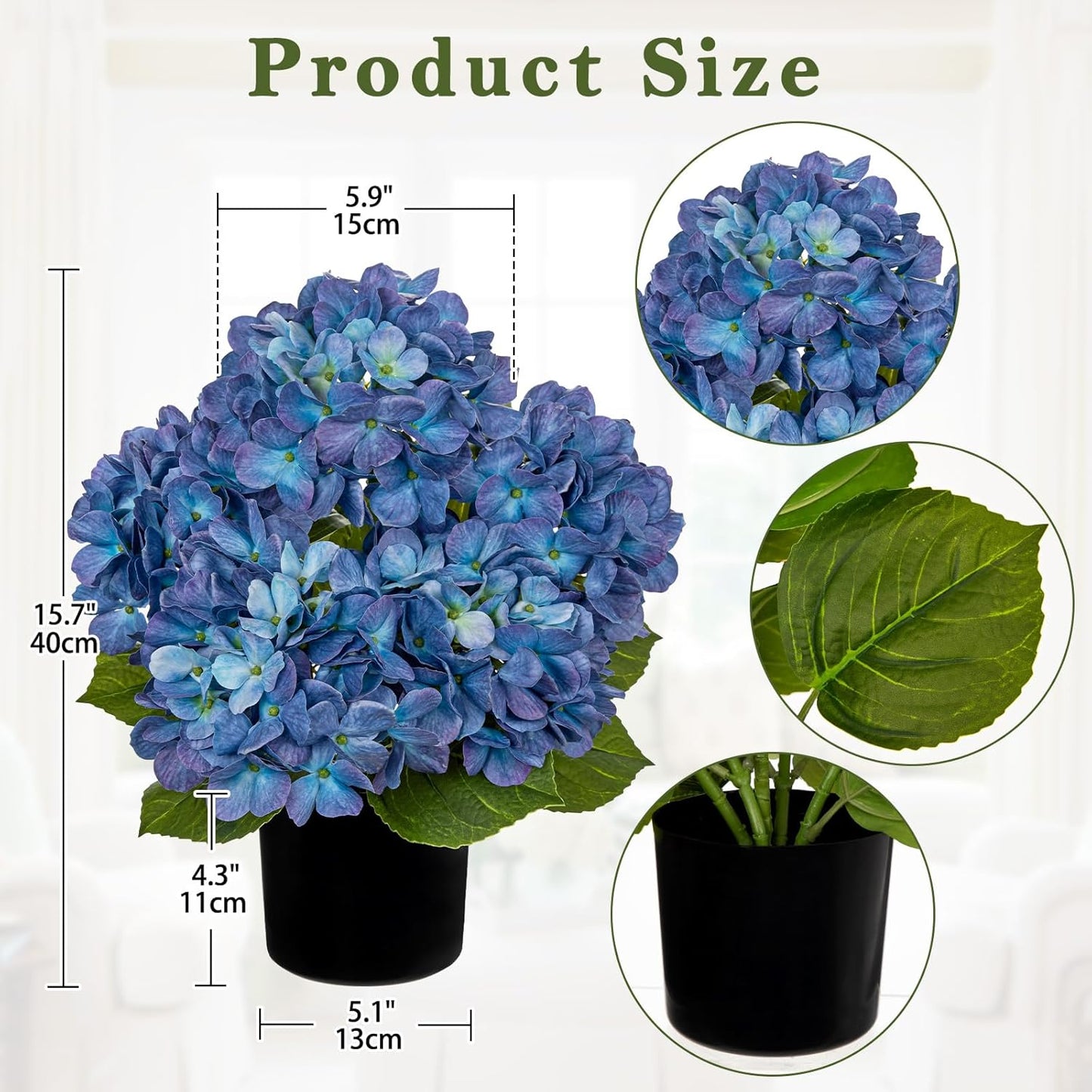 Blue Hydrangea Artificial Flowers in Pot Large Silk Three-Head Hydrangeas Flowers Fake Flowers Arrangements for Indoor Home Office Kitchen Table Centerpieces Wedding Decorations