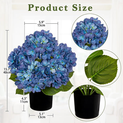 Blue Hydrangea Artificial Flowers in Pot Large Silk Three-Head Hydrangeas Flowers Fake Flowers Arrangements for Indoor Home Office Kitchen Table Centerpieces Wedding Decorations