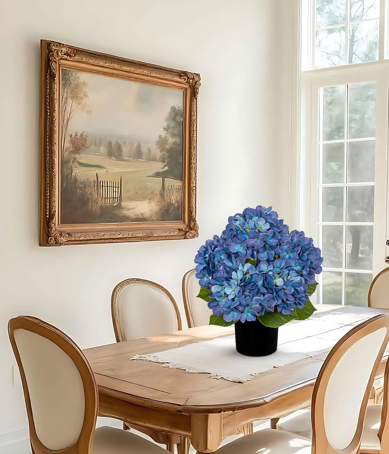 Blue Hydrangea Artificial Flowers in Pot Large Silk Three-Head Hydrangeas Flowers Fake Flowers Arrangements for Indoor Home Office Kitchen Table Centerpieces Wedding Decorations