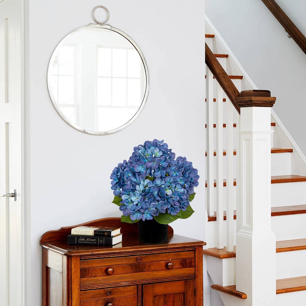 Blue Hydrangea Artificial Flowers in Pot Large Silk Three-Head Hydrangeas Flowers Fake Flowers Arrangements for Indoor Home Office Kitchen Table Centerpieces Wedding Decorations