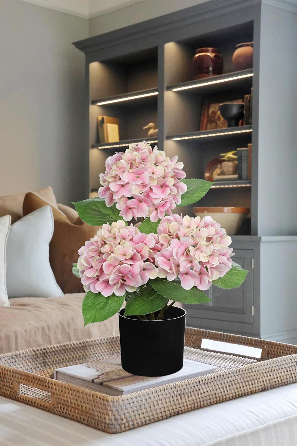Blue Hydrangea Artificial Flowers in Pot Large Silk Three-Head Hydrangeas Flowers Fake Flowers Arrangements for Indoor Home Office Kitchen Table Centerpieces Wedding Decorations
