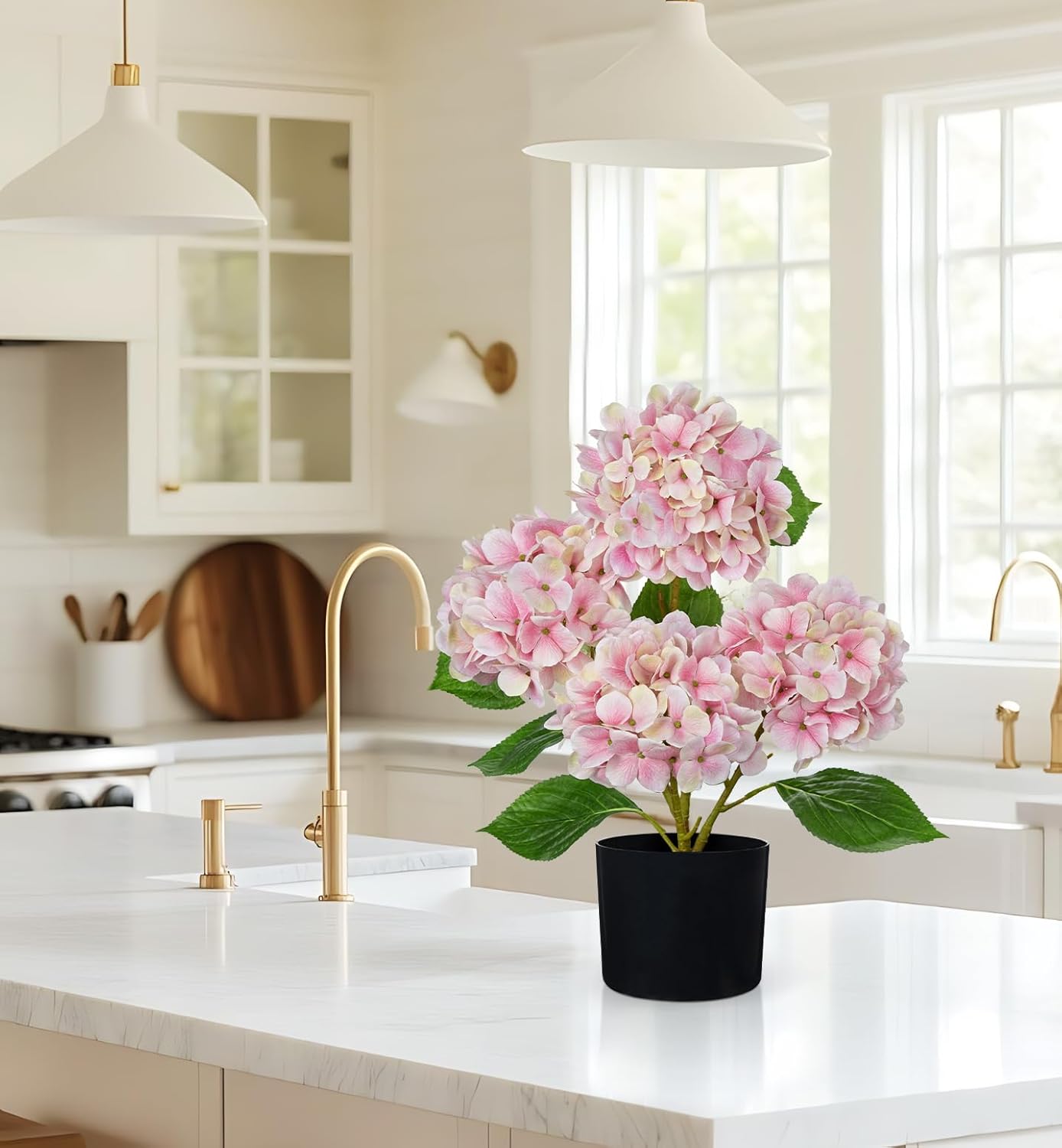 Blue Hydrangea Artificial Flowers in Pot Large Silk Three-Head Hydrangeas Flowers Fake Flowers Arrangements for Indoor Home Office Kitchen Table Centerpieces Wedding Decorations