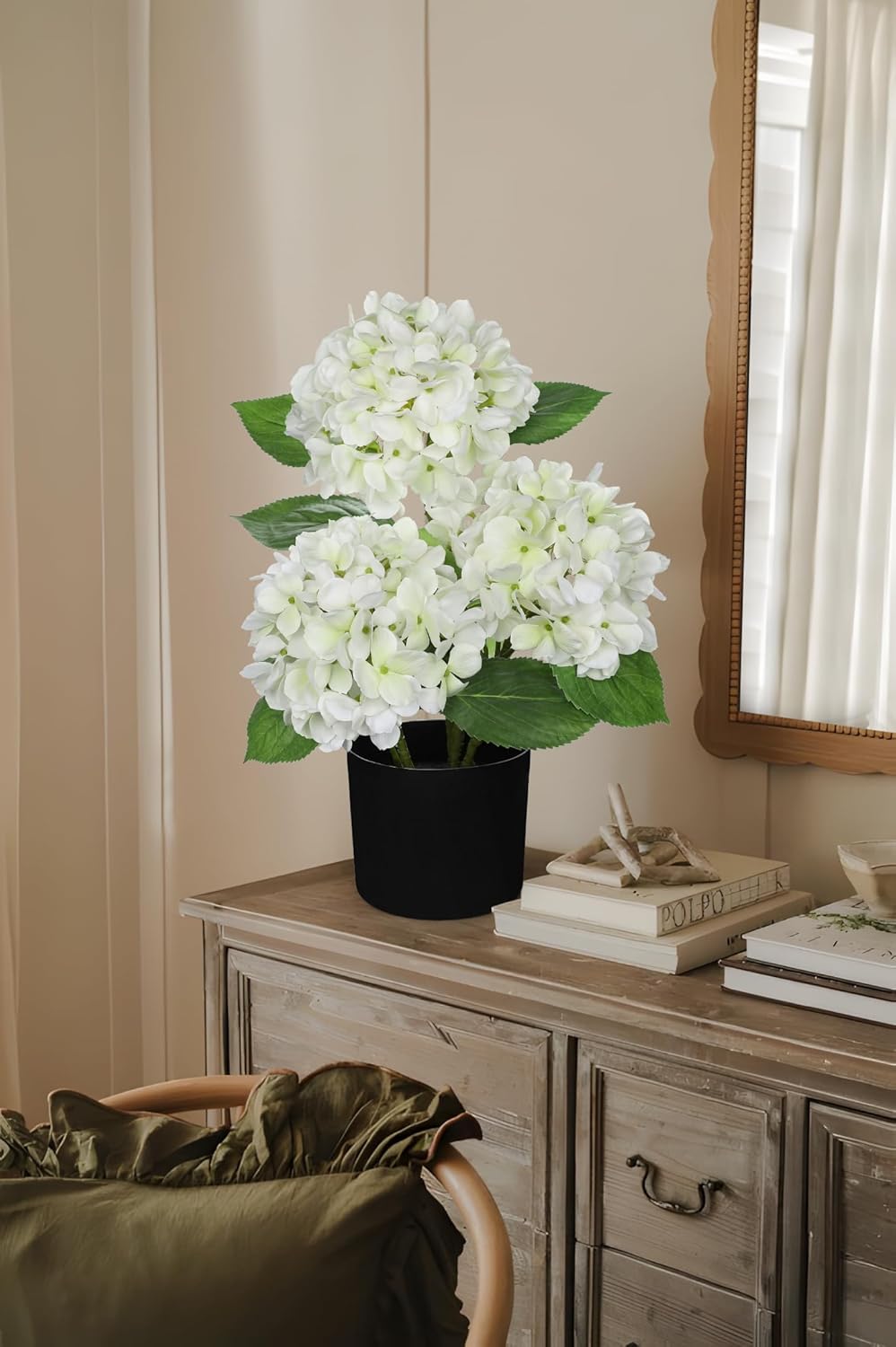 Blue Hydrangea Artificial Flowers in Pot Large Silk Three-Head Hydrangeas Flowers Fake Flowers Arrangements for Indoor Home Office Kitchen Table Centerpieces Wedding Decorations