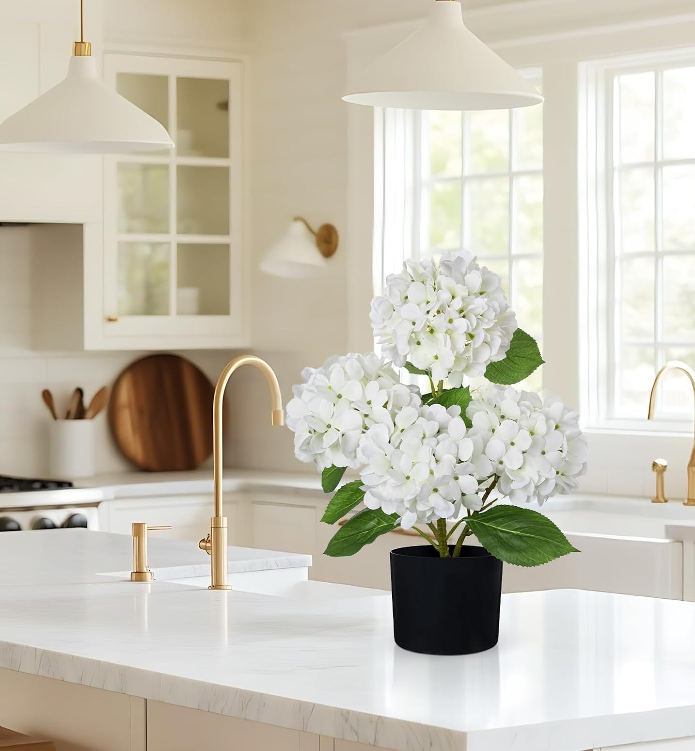 Blue Hydrangea Artificial Flowers in Pot Large Silk Three-Head Hydrangeas Flowers Fake Flowers Arrangements for Indoor Home Office Kitchen Table Centerpieces Wedding Decorations