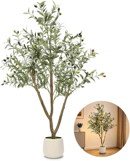 6FT Artificial Olive Tree Indoor with Lights & Planter, Realistic Faux Olive Trees with Lifelike Fruits for Living Room Decor, Tall Fake Silk Plants for Modern Home Office