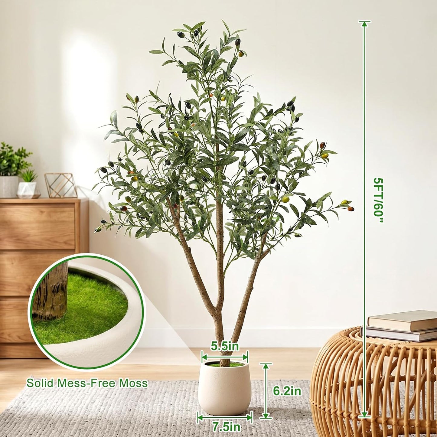 6FT Artificial Olive Tree Indoor with Lights & Planter, Realistic Faux Olive Trees with Lifelike Fruits for Living Room Decor, Tall Fake Silk Plants for Modern Home Office