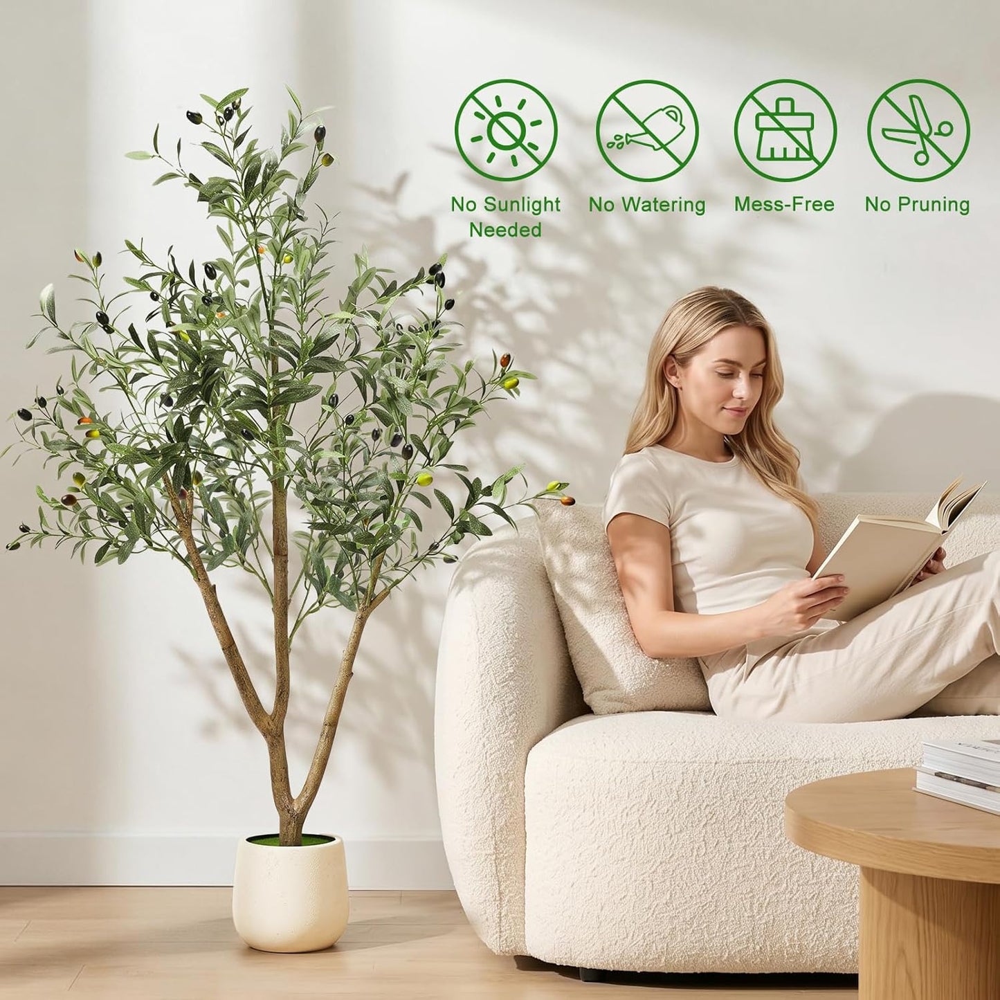 6FT Artificial Olive Tree Indoor with Lights & Planter, Realistic Faux Olive Trees with Lifelike Fruits for Living Room Decor, Tall Fake Silk Plants for Modern Home Office