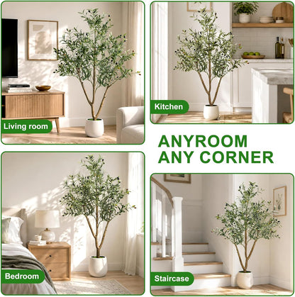 6FT Artificial Olive Tree Indoor with Lights & Planter, Realistic Faux Olive Trees with Lifelike Fruits for Living Room Decor, Tall Fake Silk Plants for Modern Home Office