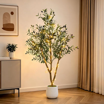 6FT Artificial Olive Tree Indoor with Lights & Planter, Realistic Faux Olive Trees with Lifelike Fruits for Living Room Decor, Tall Fake Silk Plants for Modern Home Office