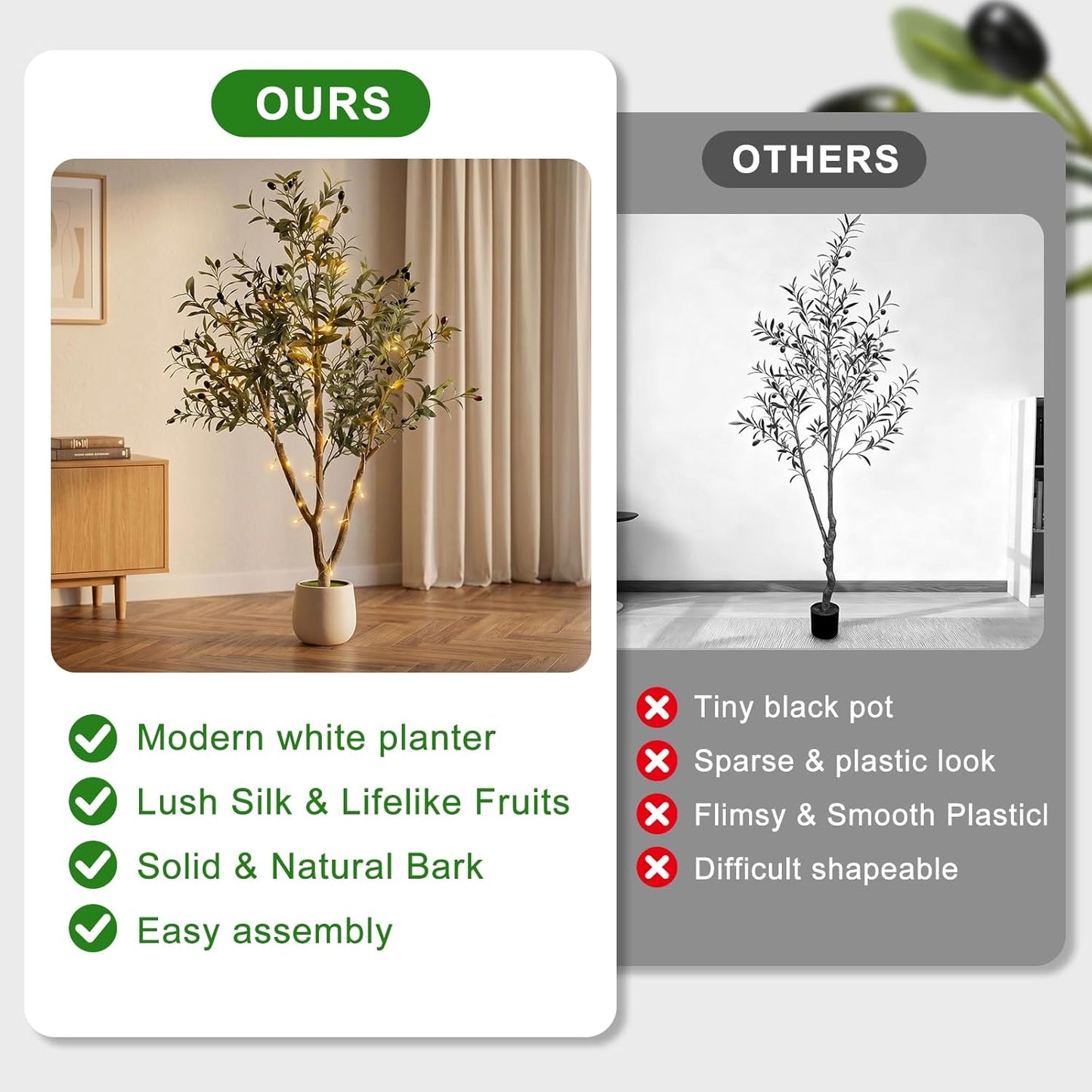 6FT Artificial Olive Tree Indoor with Lights & Planter, Realistic Faux Olive Trees with Lifelike Fruits for Living Room Decor, Tall Fake Silk Plants for Modern Home Office