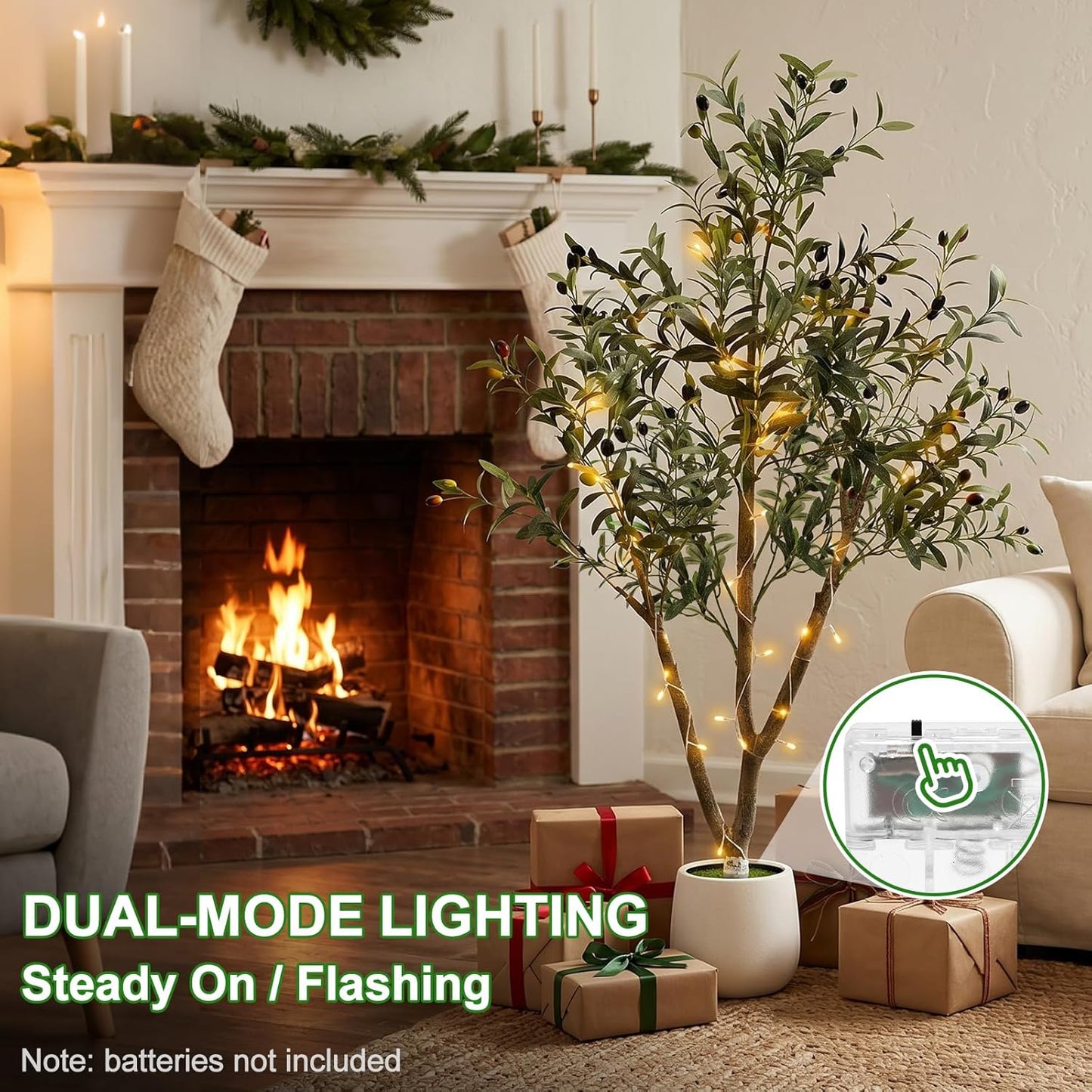 6FT Artificial Olive Tree Indoor with Lights & Planter, Realistic Faux Olive Trees with Lifelike Fruits for Living Room Decor, Tall Fake Silk Plants for Modern Home Office