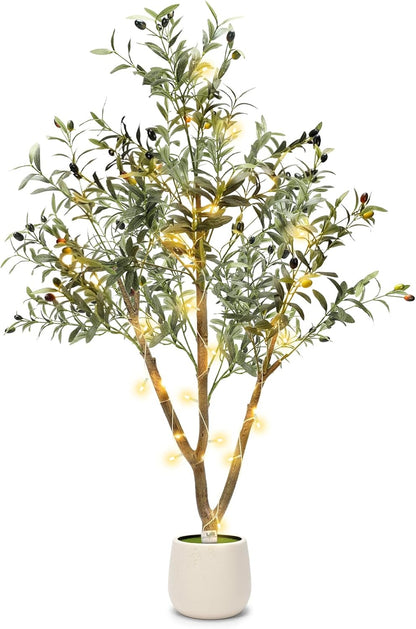 6FT Artificial Olive Tree Indoor with Lights & Planter, Realistic Faux Olive Trees with Lifelike Fruits for Living Room Decor, Tall Fake Silk Plants for Modern Home Office