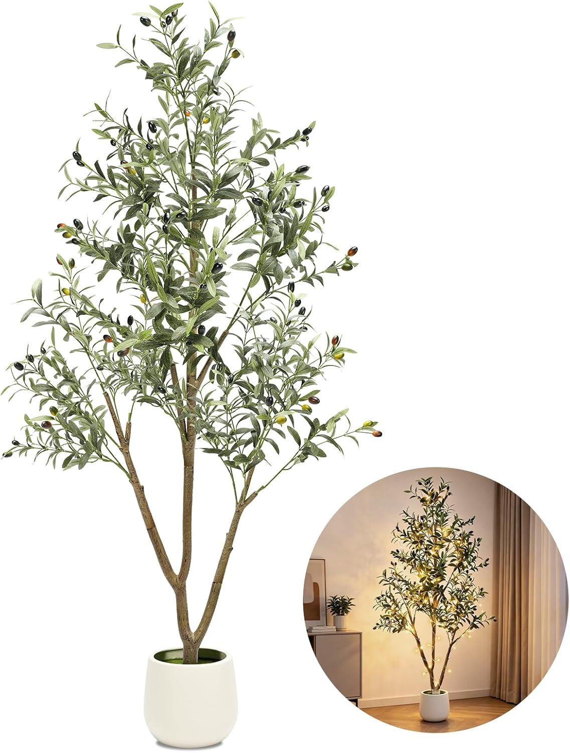 6FT Artificial Olive Tree Indoor with Lights & Planter, Realistic Faux Olive Trees with Lifelike Fruits for Living Room Decor, Tall Fake Silk Plants for Modern Home Office