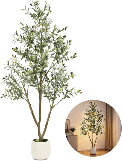 6FT Artificial Olive Tree Indoor with Lights & Planter, Realistic Faux Olive Trees with Lifelike Fruits for Living Room Decor, Tall Fake Silk Plants for Modern Home Office