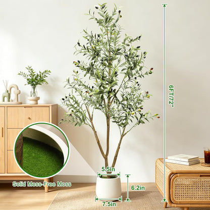 6FT Artificial Olive Tree Indoor with Lights & Planter, Realistic Faux Olive Trees with Lifelike Fruits for Living Room Decor, Tall Fake Silk Plants for Modern Home Office