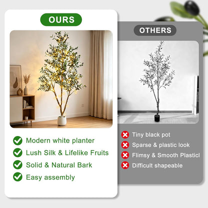 6FT Artificial Olive Tree Indoor with Lights & Planter, Realistic Faux Olive Trees with Lifelike Fruits for Living Room Decor, Tall Fake Silk Plants for Modern Home Office